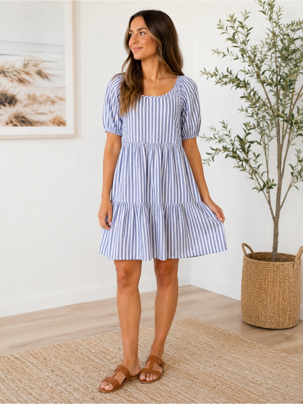 Linen blend Coastal Blue & White Striped Tiered A-Line Dress